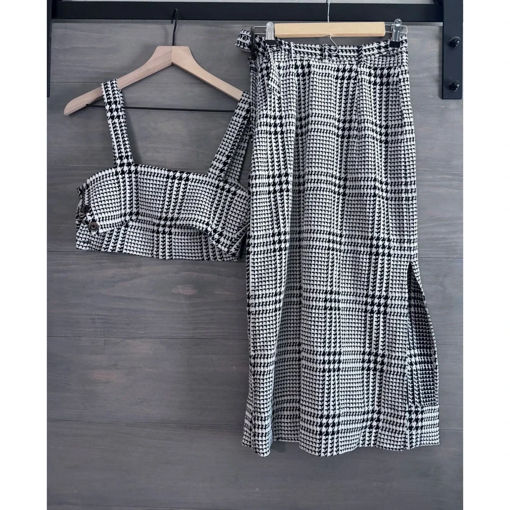 Free People Off Duty Skirt Set‎ - Houndstooth Crop Black White Size 4